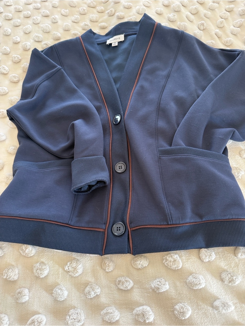 Evereve Navy Cardigan Jacket with Brown Piping